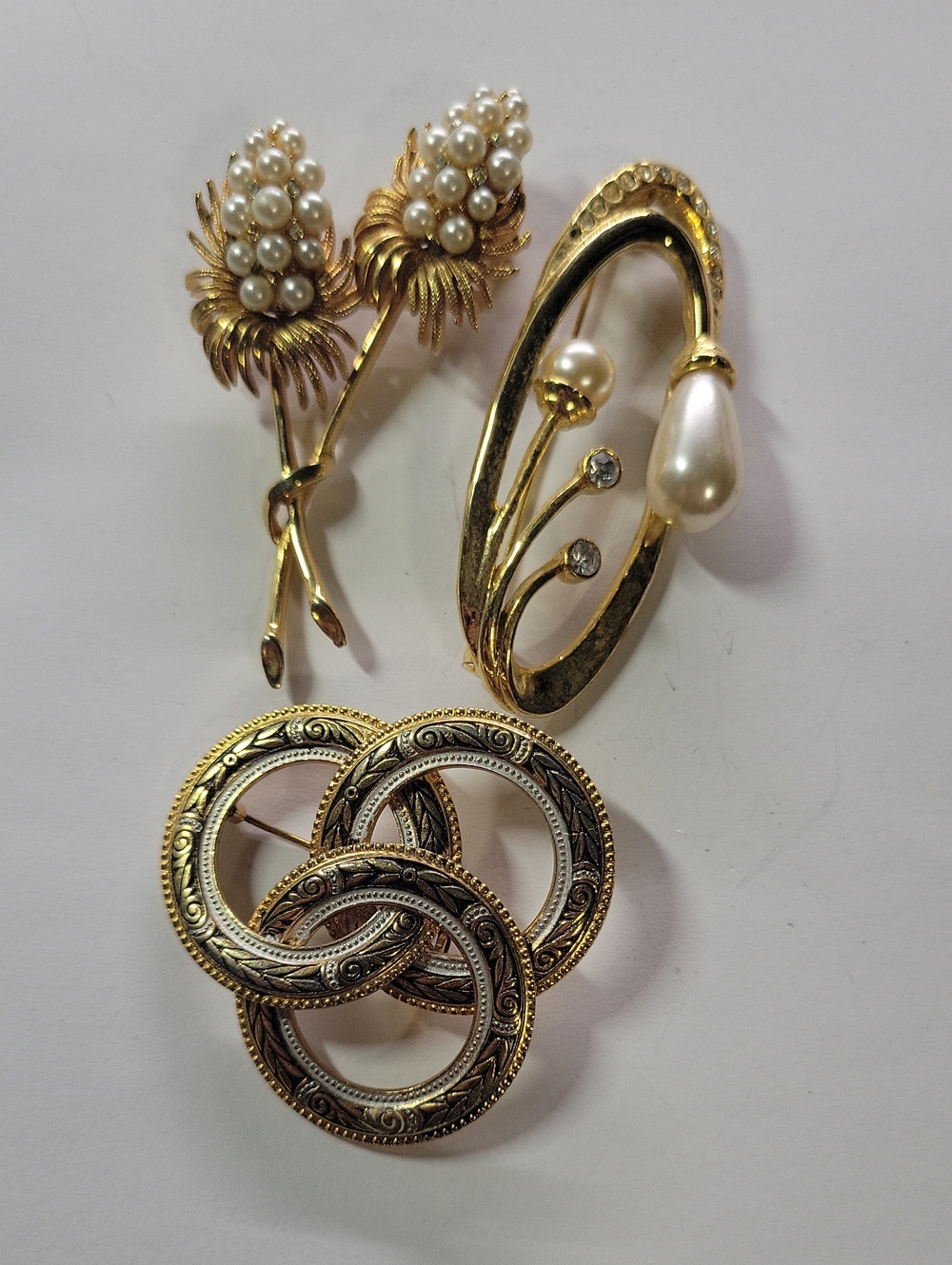 Gold Tone Pearl Floral Brooches and Interlocking Circle Pin - Women Jewelry